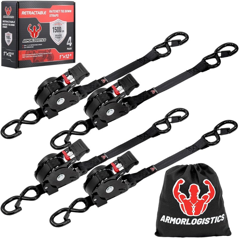 ARMORLOGISTICS Retractable Ratchet Straps 4 Pack, 1500LBS Break Strength Self Retracting Tie Down Straps, 1" x 12' Auto Ratchet Straps for Motorcycle, Kayak and Trucks, Black - Image 1